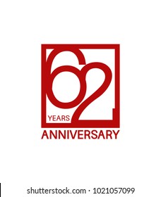 62 years anniversary design logotype with red color in square isolated on white background for celebration 