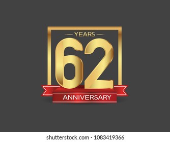 62 years anniversary design logotype golden color with square and red ribbon for celebration event isolated on black background