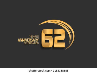 62 years anniversary golden design logotype with swoosh. Vector template for use in celebration company event, greeting card, and invitation card