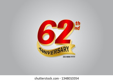 62 years anniversary Golden ribbon celebration logotype. anniversary logo with Red and Gold color isolated on grey background, vector design for celebration, invitation card - vector