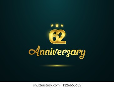 62 Years Anniversary with golden and shine background number isolated on green background. vector design for celebration, invitation card, and greeting card