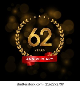 62 years anniversary logo with golden  laurel and red ribbon for booklet, leaflet, magazine, brochure poster, banner, web, invitation or greeting card. Vector illustrations.