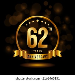 62 years anniversary logo with golden ring and ribbon for booklet, leaflet, magazine, brochure poster, banner, web, invitation or greeting card. Vector illustrations.