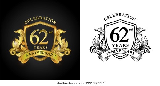 62 years anniversary logo with golden shield and ribbon for booklet, leaflet, magazine, brochure poster, banner, web, invitation or greeting card. Vector illustrations.