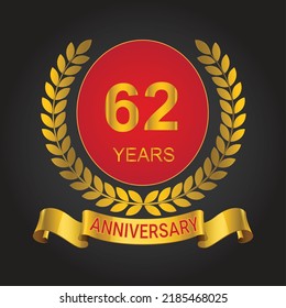 62 years anniversary logo template. gold numbers with golden ribbon.