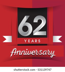 62 years anniversary logo with white ribbon isolated on red background, flat design style, Vector template elements for birthday celebration.