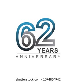 62 years anniversary logotype bold line number with grey and blue color for celebration event isolated on blue background