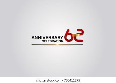 62 Years Anniversary Logotype with Elegant Red Color and Golden Ribbon Isolated on White Background
