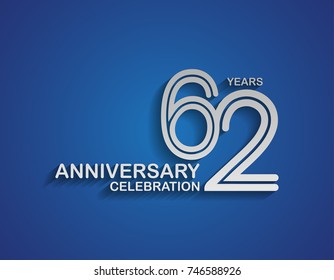 62 years anniversary logotype linked line number with silver color for celebration event isolated on blue background