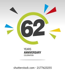 62 Years Anniversary, Number In Broken Circle With Colorful Bang Of Confetti, Logo, Icon, White Background