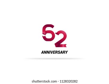 62 Years Anniversary Red ribbon form number font. isolated on white background. 