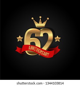 62 years Anniversary simple design with golden font, star and crown and red ribbon