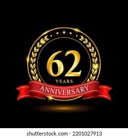 62 Years Anniversary template design, with shiny ring and red ribbon, laurel wreath isolated on black background, logo vector
