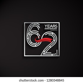 62 years anniversary template with square silver color and red ribbon