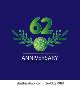 62 Years anniversary. Vector design greeting card with decorative floral for celebration