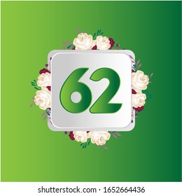 62 Years anniversary. Vector design greeting card with decorative floral for celebration