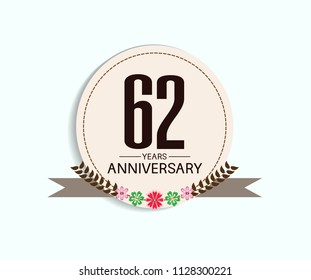 62 years anniversary with vintage style soft brown circle and flower isolated on white background for special celebration event