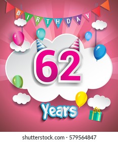 62 Years Birthday Design for greeting cards and poster, with clouds and gift box, balloons. using Paper Art Design Style. vector elements for anniversary celebration.