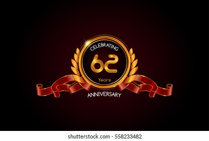 62 years gold anniversary celebration logo with red ribbon , isolated on dark background