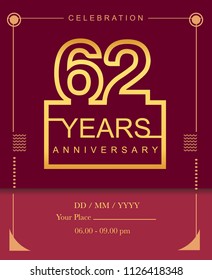 62 years golden anniversary design line style with square golden color for anniversary celebration event.