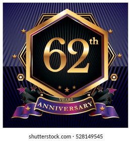 62 years golden anniversary logo celebration with ring and ribbon.
