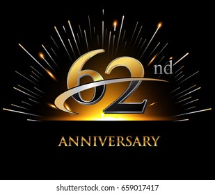 62 years golden anniversary logo celebration with firework and swoosh on dark background