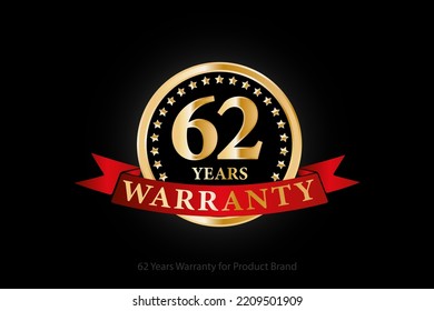62 years golden warranty logo with ring and red ribbon isolated on black background, vector design for product warranty, guarantee, service, corporate, and your business.