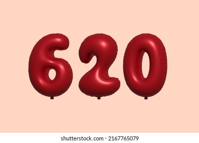 620 3d number balloon made of realistic metallic air balloon 3d rendering. 3D Red helium balloons for sale decoration Party Birthday, Celebrate anniversary, Wedding Holiday. Vector illustration
