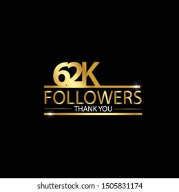 62k, 62.000 Followers celebration logotype. anniversary logo with golden and Spark light white color isolated on black background for social media - Vector