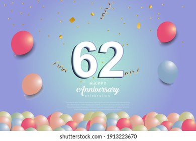 62nd anniversary background with 3D number and balloons illustration