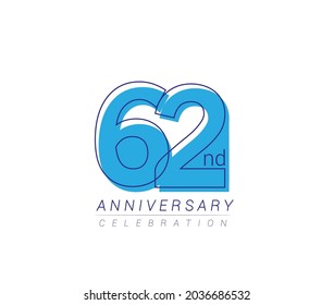 62nd anniversary blue colored vector design for birthday celebration, isolated on white background