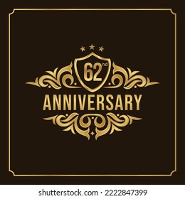 62nd anniversary card. Beautiful greeting banner poster and golden logo with gold text word and gold number.