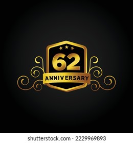 62nd anniversary celebration background. Vector illustration, Beautiful greeting banner poster and golden logo with gold text word and gold number.