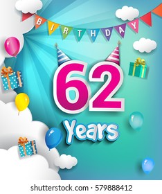 62nd Anniversary Celebration Design, with clouds and balloons. using Paper Art Design Style, Vector template elements for your, sixty two years birthday celebration party.