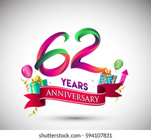 62nd Anniversary Celebration Design, with gift box and balloons, Red ribbon, Colorful Vector template elements for your, sixty two years birthday celebration party.