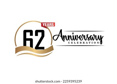 62nd anniversary celebration logo vector design with gold black and red color on white background cute black color font   
