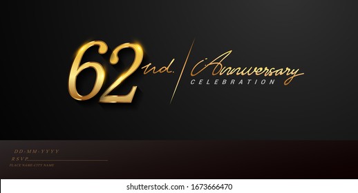 62nd anniversary celebration logotype with handwriting golden color elegant design isolated on black background. vector anniversary for celebration, invitation card, and greeting card.