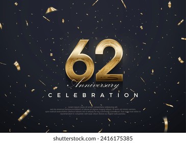 Celebración del 62° aniversario, diseño vectorial 3d con oro lujoso y brillante. Fondo vectorial premium para saludos y celebraciones.