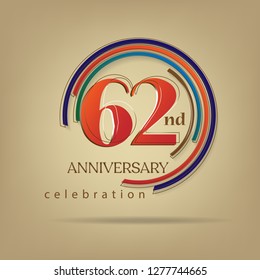 62nd Anniversary colorful with brown background, for greeting cards