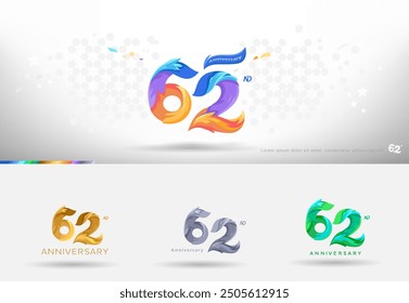 62nd Anniversary design logo. Modern colorful style. cheerful number celebration with color variation