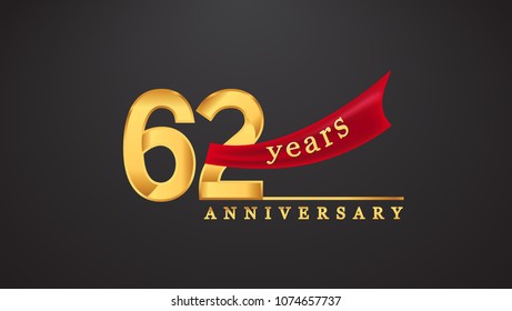 62nd anniversary design logotype golden color with red ribbon for anniversary celebration