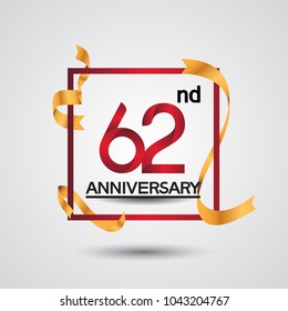 62nd anniversary design with red color in square and golden ribbon isolated on white background for celebration