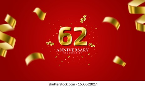 62nd anniversary . Gold Numbers with shadow and sparkling confetti. Modern elegant gradient red background design vector EPS 10. For wedding party or company event decoration.