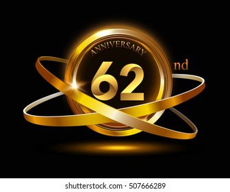 62nd anniversary with gold ring graphic elementson black bacground