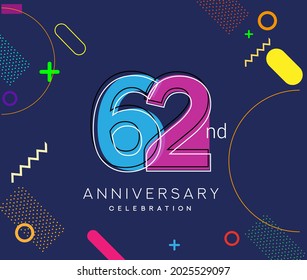 Logo del 62º aniversario, celebración del cumpleaños del diseño vectorial con fondo geométrico colorido.