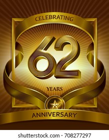62nd anniversary logo. Vector and illustration with ribbon shiny gold