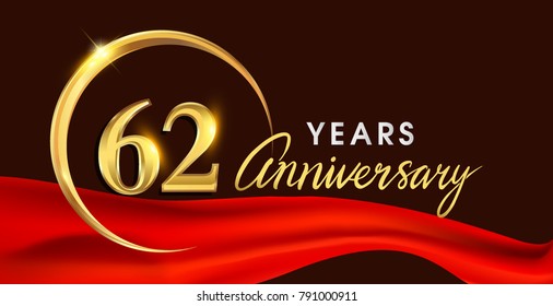62nd anniversary logotype with golden ring isolated on red ribbon elegant background, vector design for birthday celebration, greeting card and invitation card.