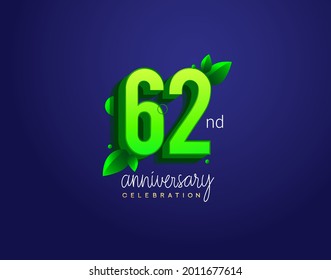62nd anniversary logotype with leaf and green colored, isolated on blue background.