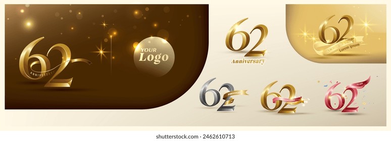 62nd anniversary logotype modern gold number with shiny ribbon. alternative logo number Golden anniversary celebration