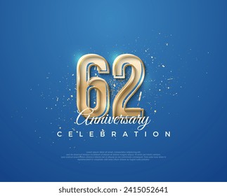 62° aniversario con un diseño lujoso entre el oro y el azul. Vector premium para afiches, banner, saludo de celebración.